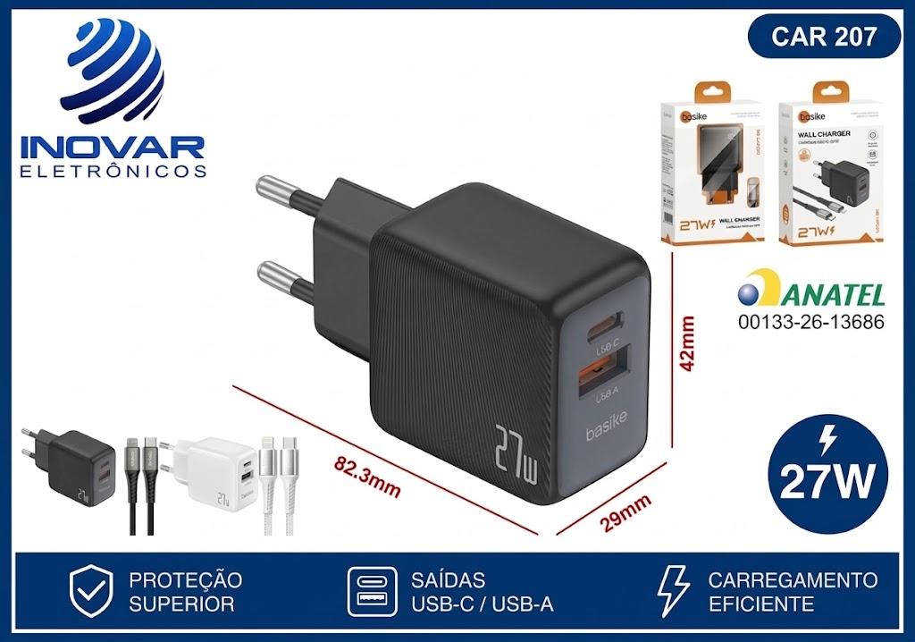 CAR 207 CARREGADOR TURBO DUAS SAIDAS USB-C USB-A 27W COM CABO LIGHTNING TIPO C MD-CAR 271 A