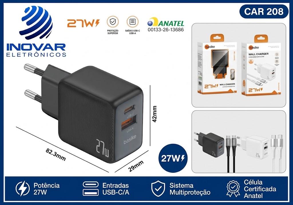 CAR 208 CARREGADOR TURBO DUAS SAIDAS USB-C USB-A 27W COM CABO TIPO C TIPO C MD-CAR 271 C