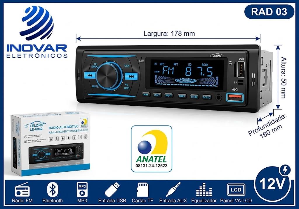 RAD 03 RADIO PARA CARRO COM BLUETOOTH (4x12W) LE-6842