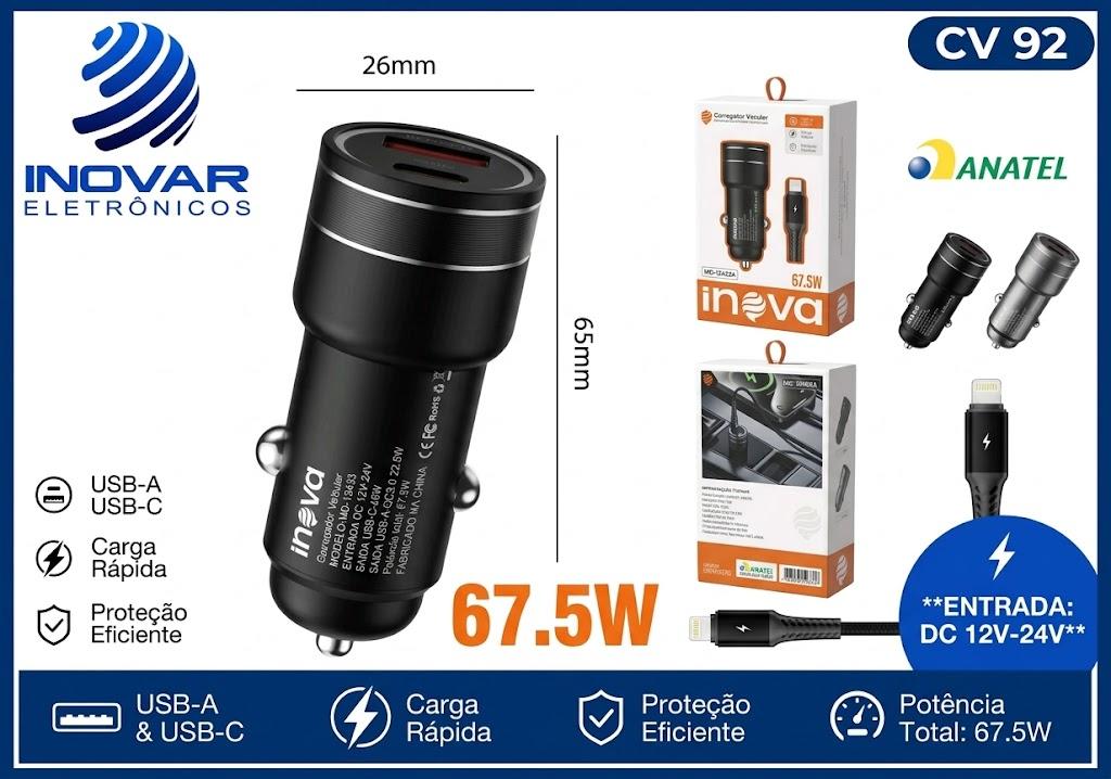 CV 92 CARREGADOR VEICULAR TURBO 67,5W USB A-22,5W USB-C 45W COM CABO TIPO C / LIGHTNING MD-13433 A
