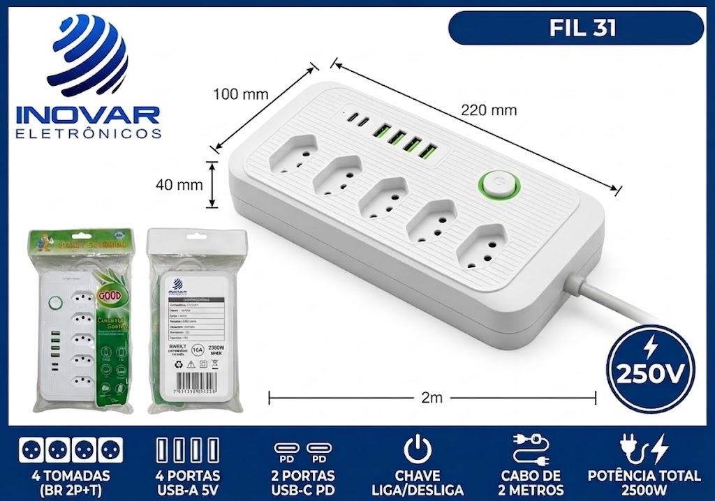 FIL 31 EXTENÇAO COM CABO DE 2 METROS COM 5 TOMADAS 4 USB-A 2 USB-C