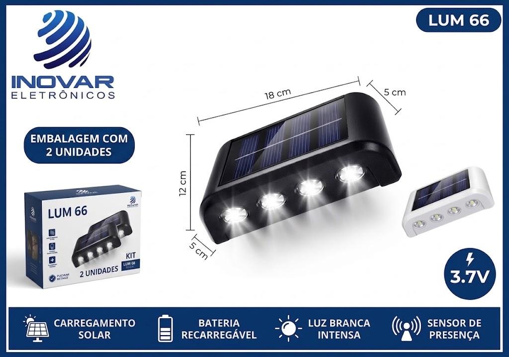 LUM 66 LUMINARIA ARANDELA 8 LEDS SOLAR EMBALAGEM COM 2 UNIDADES