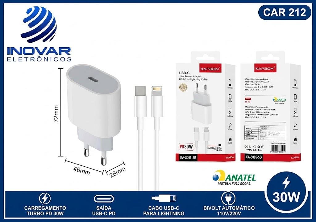CAR 212 CARREGADOR TURBO 30W PARA IPHONE COM CABO USB C LIGHTNING KA-5005 5G