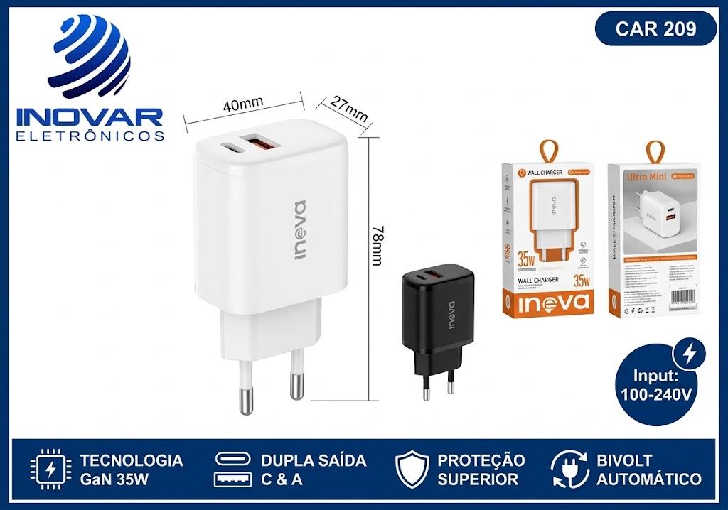 CAR 209 FONTE CARREGADOR TURBO 1 USB-A 1 USB-C GAN 35 3W CAR 272 AA