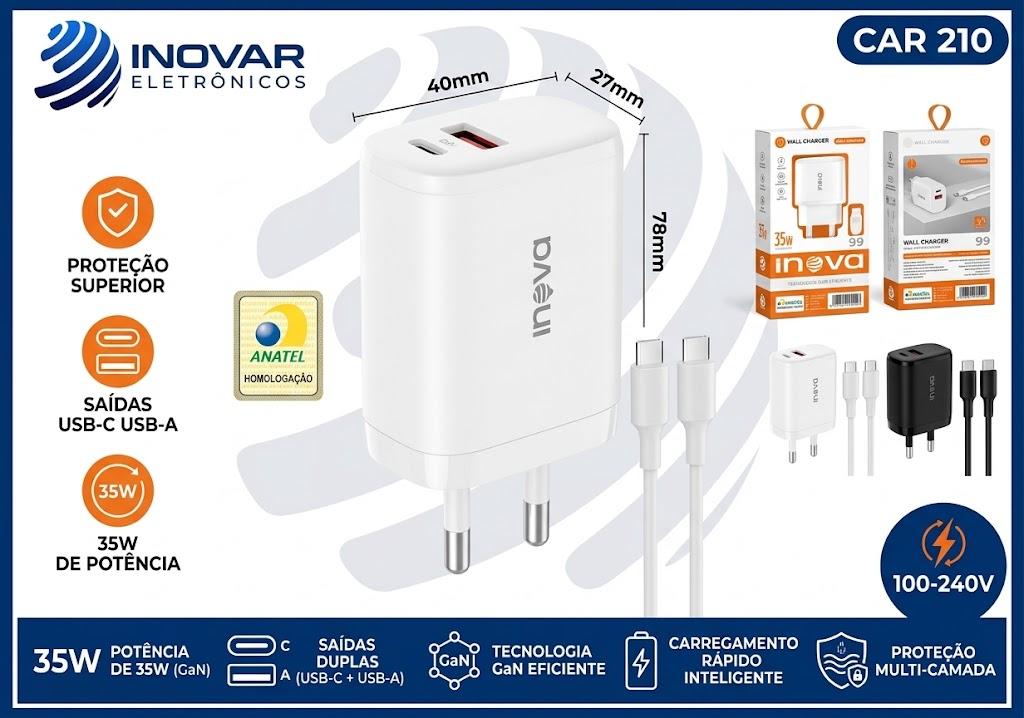 CAR 210 CARREGADOR 1 SAIDA USB-C 1 USB-A COM CABO TIPO C GAN 35 W CAR 272 C