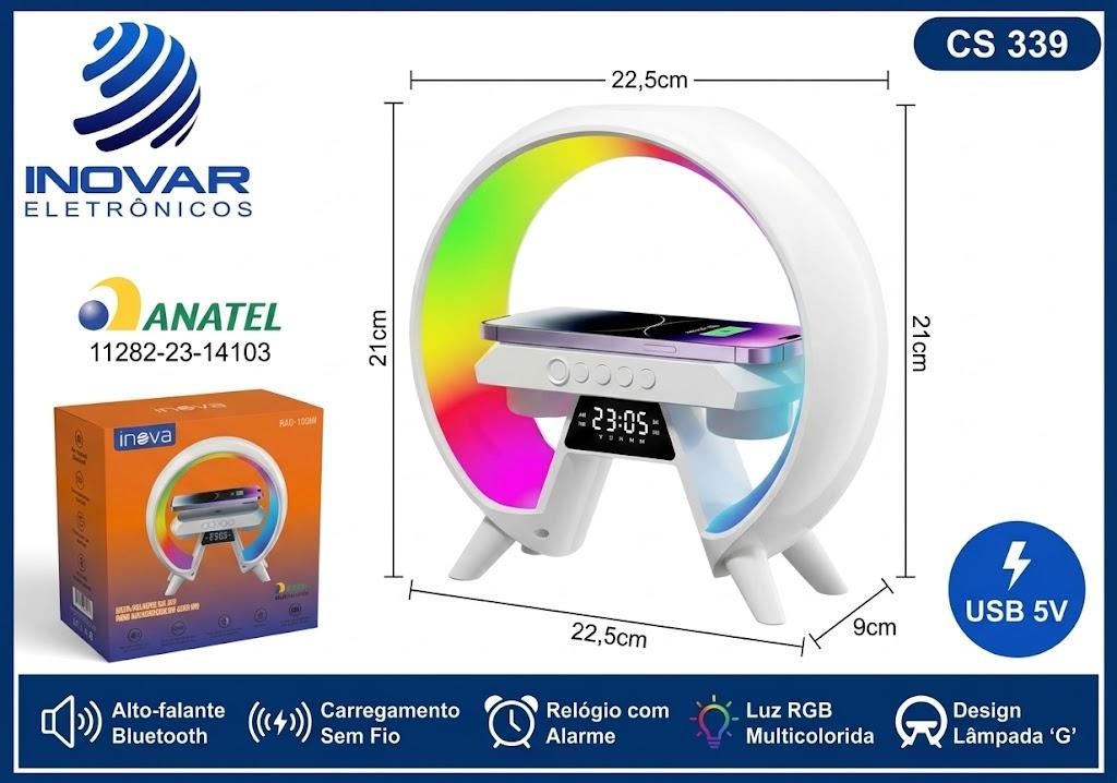 CS 339 CAIXA DE SOM BLUETOOTH COM CARREGADOR POR INDUÇAO RADIO RELOGIO RGB RAD-12290