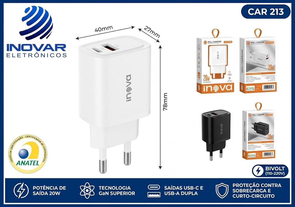 CAR 213 FONTE TURBO CARREGADOR DUAS SAIDAS 1 USB-A 1 USB-C GAN 20W MD-CAR271