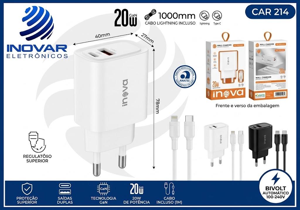 CAR 214 CARREGADOR 2 SAIDAS 1 USB-A 1 USB C 20W COM CABO LIGTHNING TIPO C GAN 20W MD-CAR271L