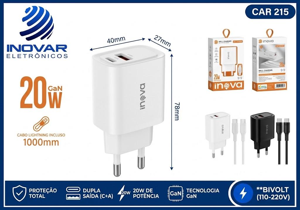 CAR 215 CARREGADOR 2 SAIDAS 1 USB-A 1 USB C COM CABO TIPO C TIPO C GAN 20W MD-CAR271C