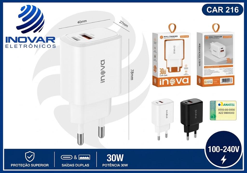 CAR 216 FONTE TURBO CARREGADOR DUAS SAIDAS 1 USB-A 1 USB-C GAN 30W MD-CAR272