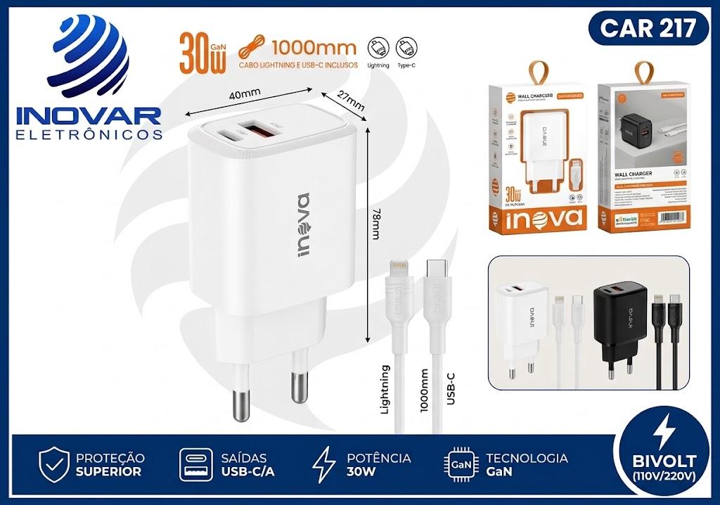 CAR 217 CARREGADOR 2 SAIDAS 1 USB-A 1 USB-C  COM CABO LIGTHNING TIPO C GAN 30W MD-CAR272L