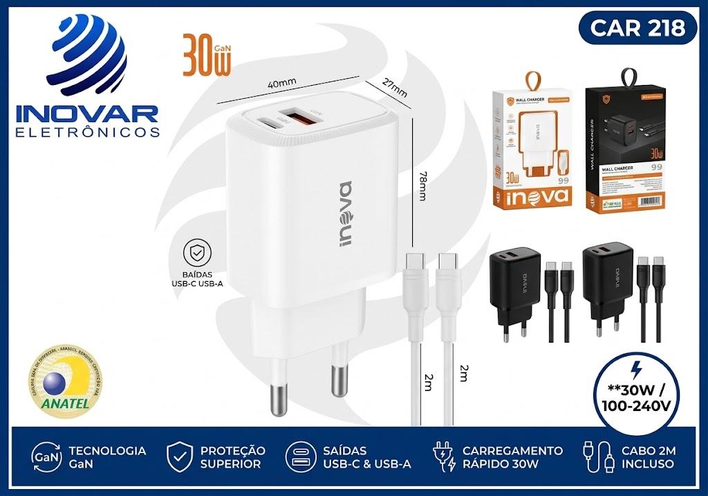 CAR 218 CARREGADOR 2 SAIDAS 1 USB-A 1 USB-C  COM CABO 1 M TIPO C TIPO C GAN 30W MD-CAR272C