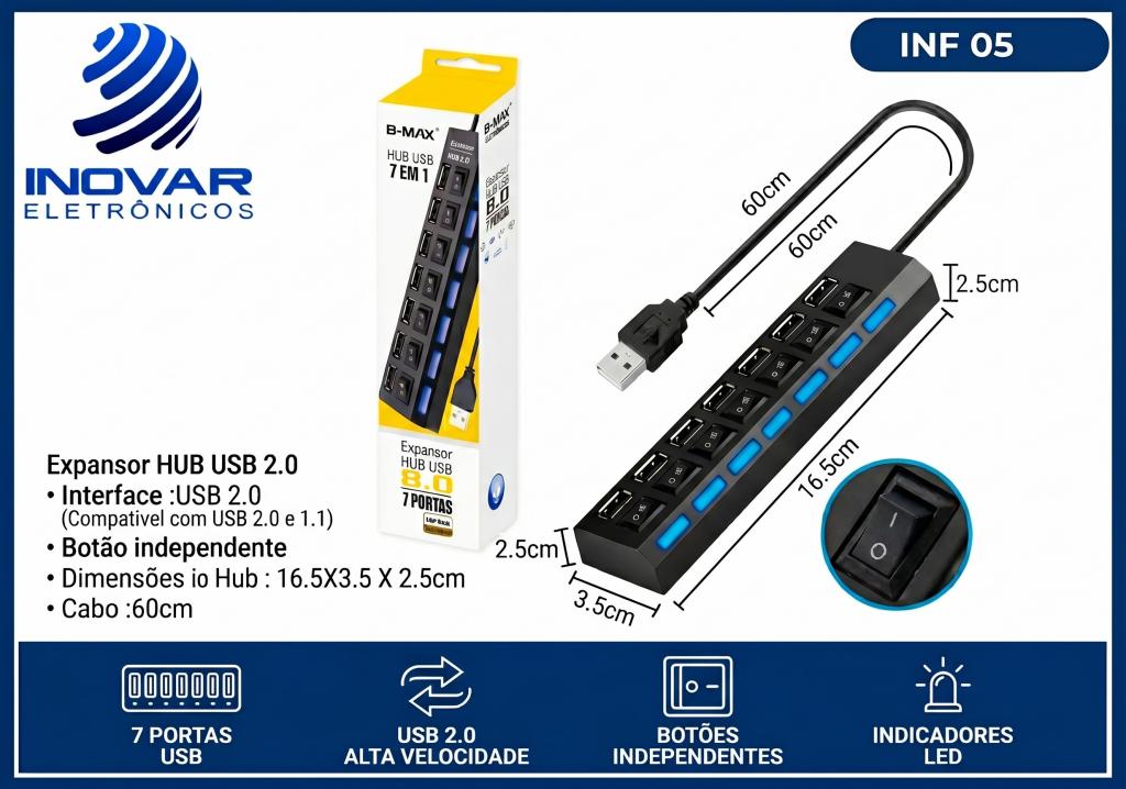 INF 05 HUB 7 PORTAS USB 2.0 COM SWITCH E LED LEY-09 KA-H7U 8638