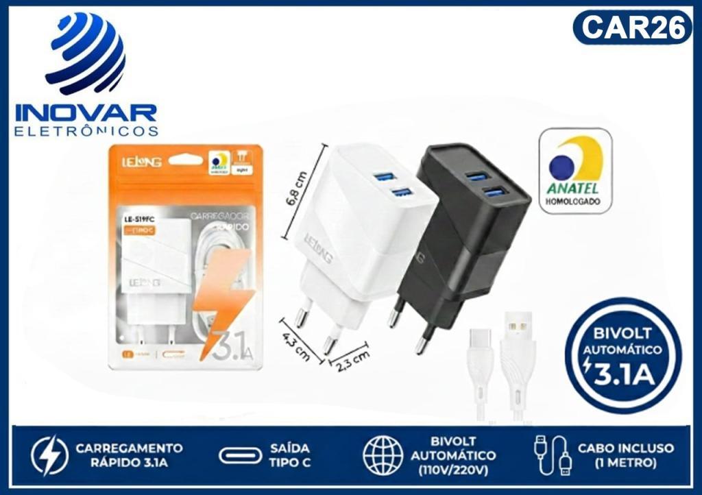 CAR 26 CARREGADOR 3.1 2 SAIDAS USB CABO SEPARADO TIPO C CAR 8016 le-519fc