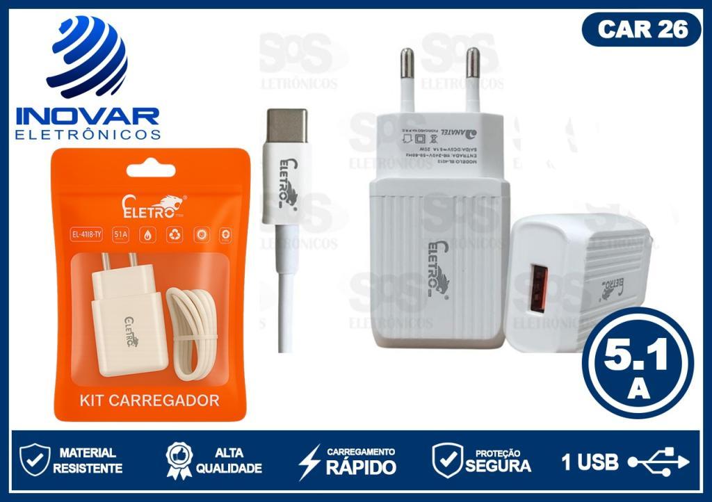 CAR 26 CARREGADOR 3.1 1 SAIDA USB CABO SEPARADO TIPO C CAR 8016