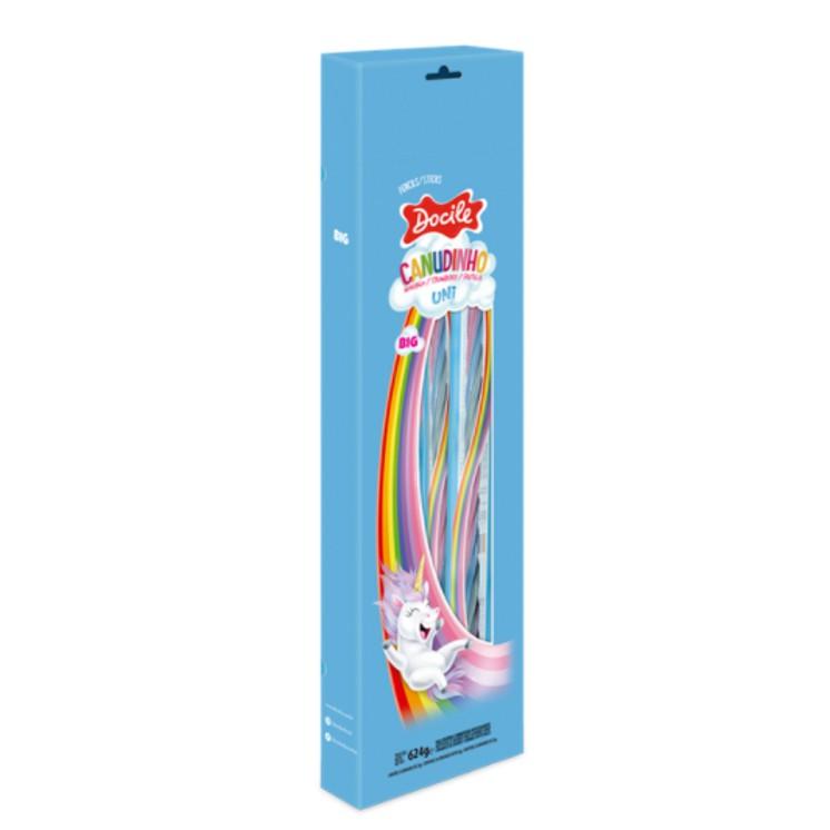 BALA EM FORMATO DE CANUDINHO TWIST COLORIDO MORANGO UNICORNIO BIG DOCILE 26G