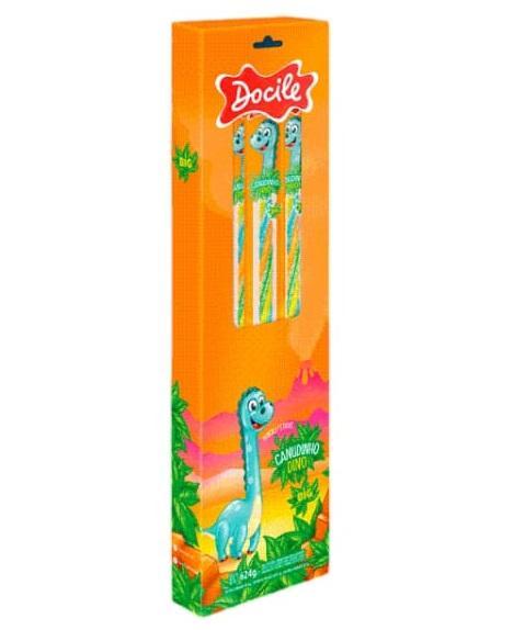 BALA REGALIZ EM FORMATO DE CANUDINHO TWIST COLOR MORANGO CITRICO DINO BIG DOCILE 624G