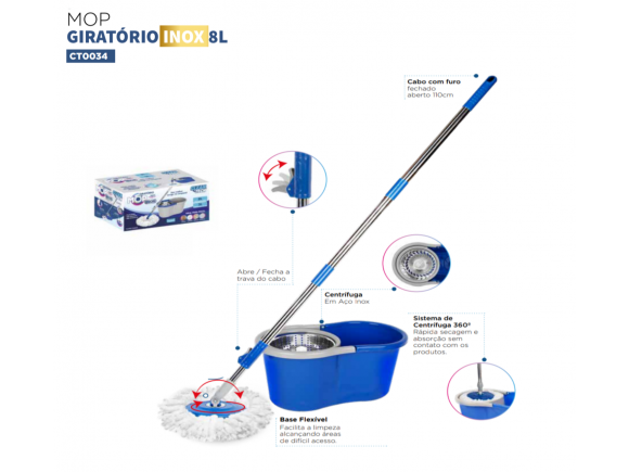 MOP GIRATORIO 8 LITROS CESTO DE INOX CLEAN TECH CT0034