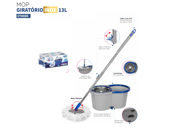 MOP GIRATORIO 13 LITROS CESTO DE INOX CLEAN TECH CT0035