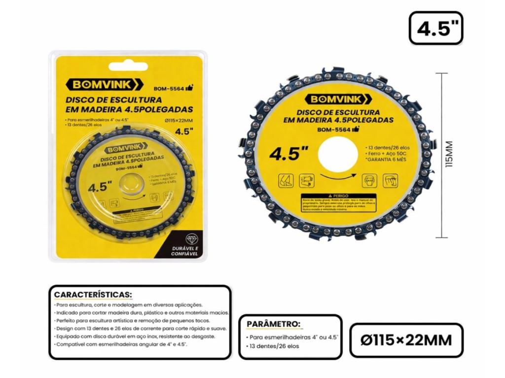 DISCO CURVO  MADEIRA 4,5" - 115MM COM CORRENTE DE MOTOSSERRA
