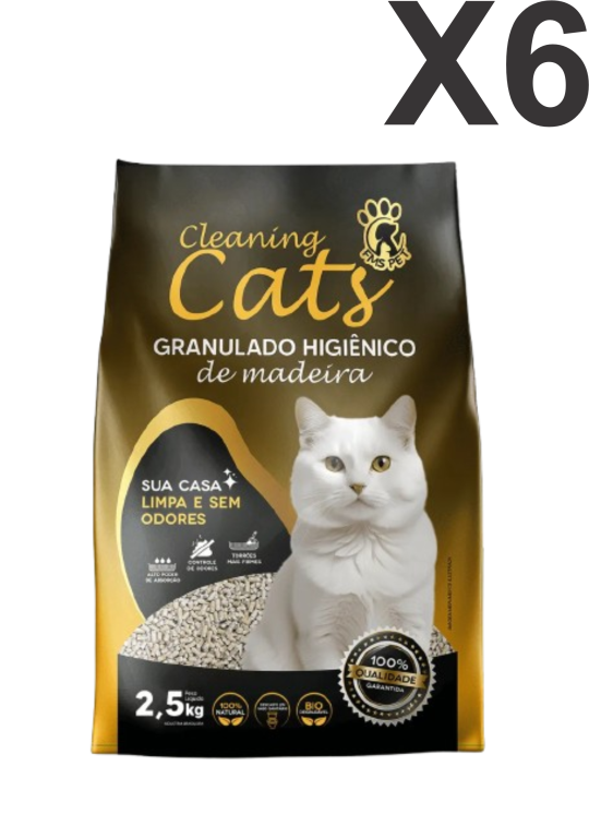 GRANULADO HIGIENICO DE MADEIRA CLEANING CATS 2,5KG COM 6 UNIDADES