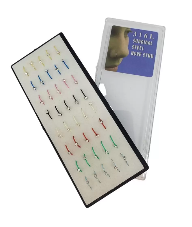 -PIERCING DE NARIZ ARGOLA C/ STRASS COLORIDO BOX C/40