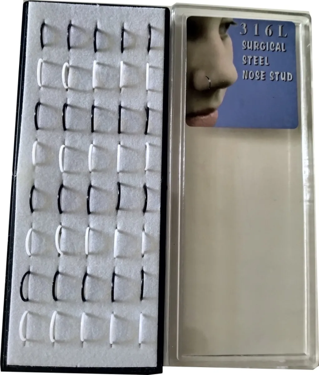 -PIERCING DE NARIZ ARGOLA PRETO/BRANCO BOX C/40