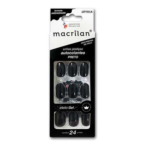 UNHA POSTICA EFEITO GEL AMENDOADO PRETO UP 701A MACRILAN