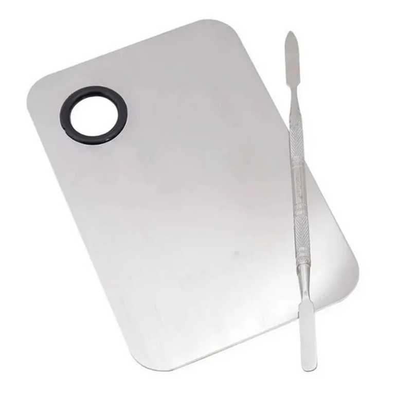 KIT PLACA E ESPATULA P/ MAQUIAGEM RETANGULAR INOX CHIC