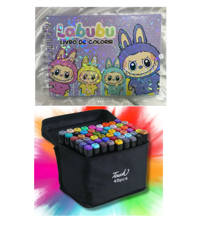 -KIT LIVRO P/ COLORIR LABUBU + 48 CANETA COLORIDA TOUCH