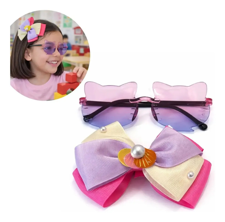 KIT OCULOS INFANTIL + 1 PAR DE PRESILHA C/ LACO CORES CHIC
