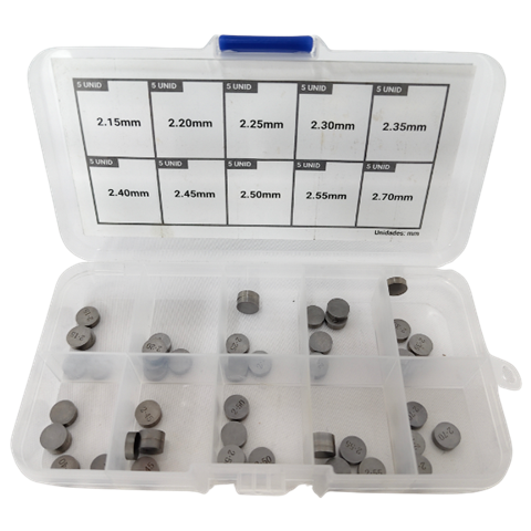 PASTILHA VALVULA P/ CABECOTE MEDIDAS-2.15/2.2/2.25/2.3/2.35/2.4/2.45/2.5/2.55/2.7MM UNIVESAL 50 PCS