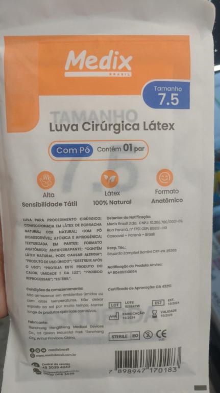 Luva Cirúrgica Látex c/ Pó Tam. 7.5 (Par) - Medix