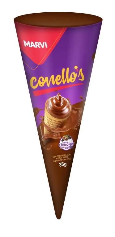 CONELLOS CONE RECHEADO SABOR CHOC /AVELÃ  CX 8 UNID MARVI