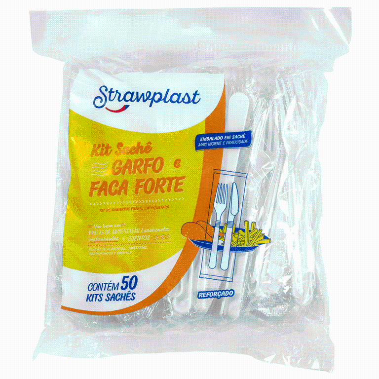 KIT SACHE GARFO E FACA FORTE BRANCO STRAWPLAST C/50