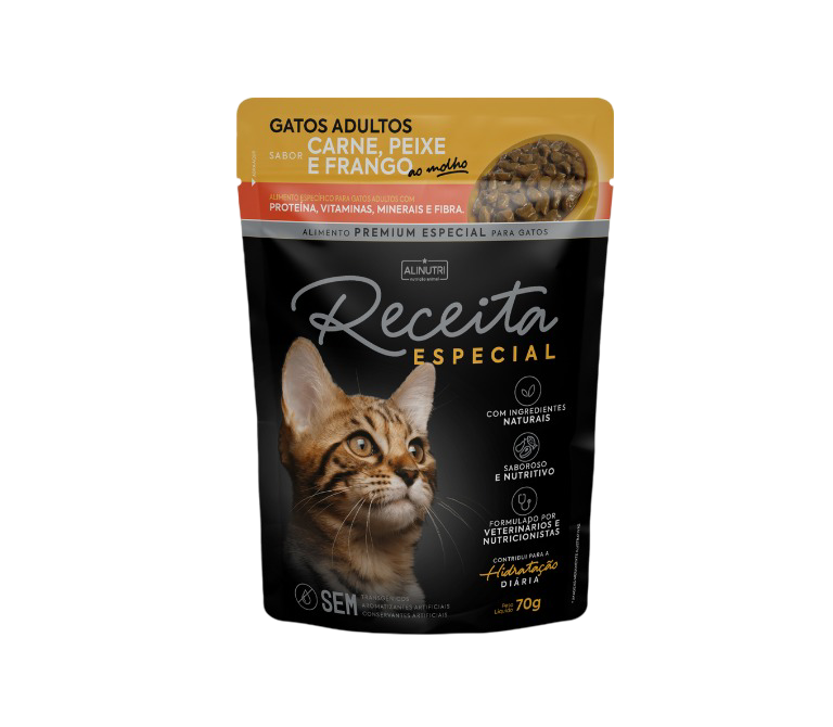 Receita Esp Sache Umido Gato Adulto Carne/Peixe/Frango - Caixa 15un X 70g