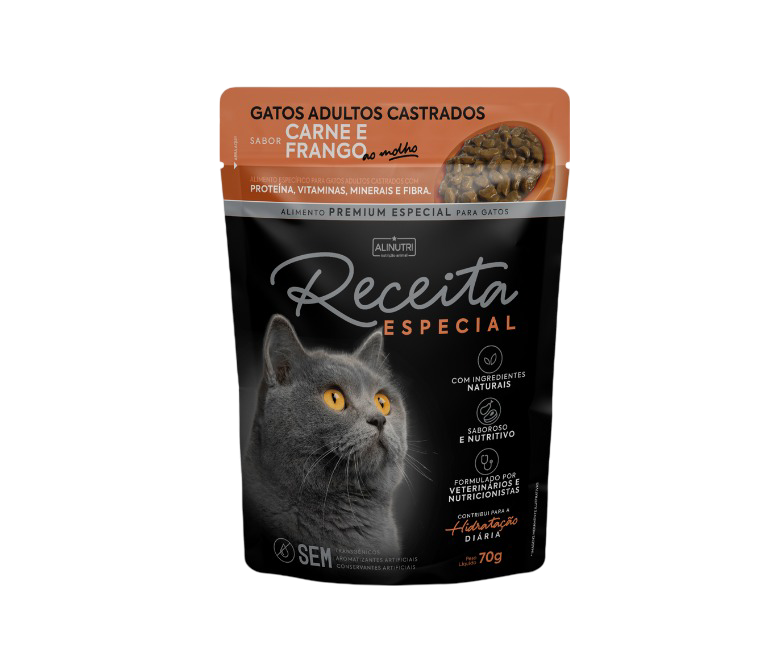 Receita Esp Sache Umido Gato Adulto Castrado Carne/Frango - Caixa 15un X 70g