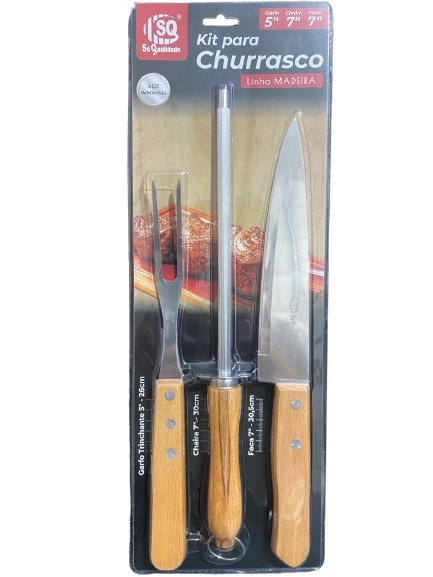 KIT CHURRASCO INOX CABO DE MADEIRA 3 PEÇAS SQ4258