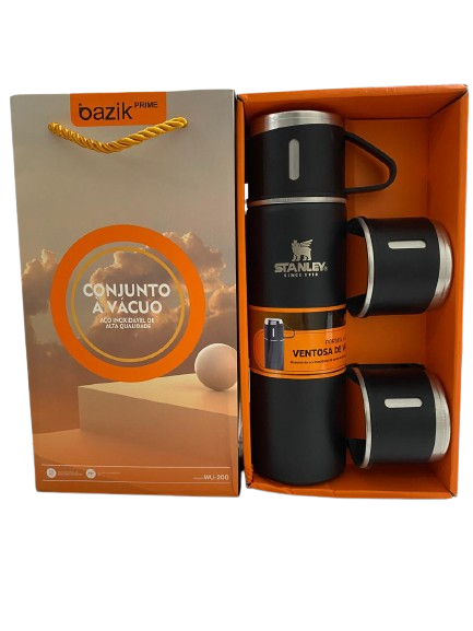 GARRAFA TERMICA INOX KIT CONJUNTO A VACUO 1 GARRAFA + 3 COPO 400 ML