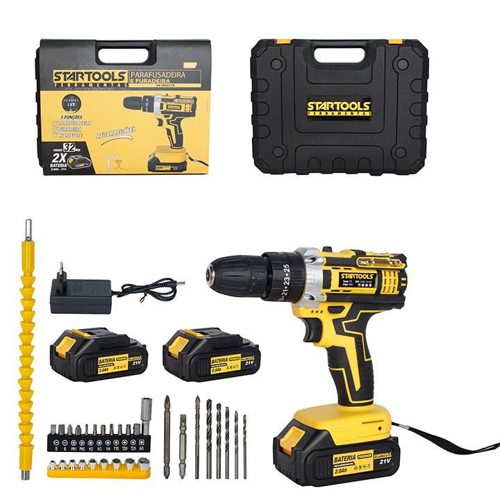 PARAFUSADEIRA E FURADEIRA DE IMPACTO RECARREGAVEL 21V C/CABO EXTENSOR E ACESSORIOS STARTOOLS