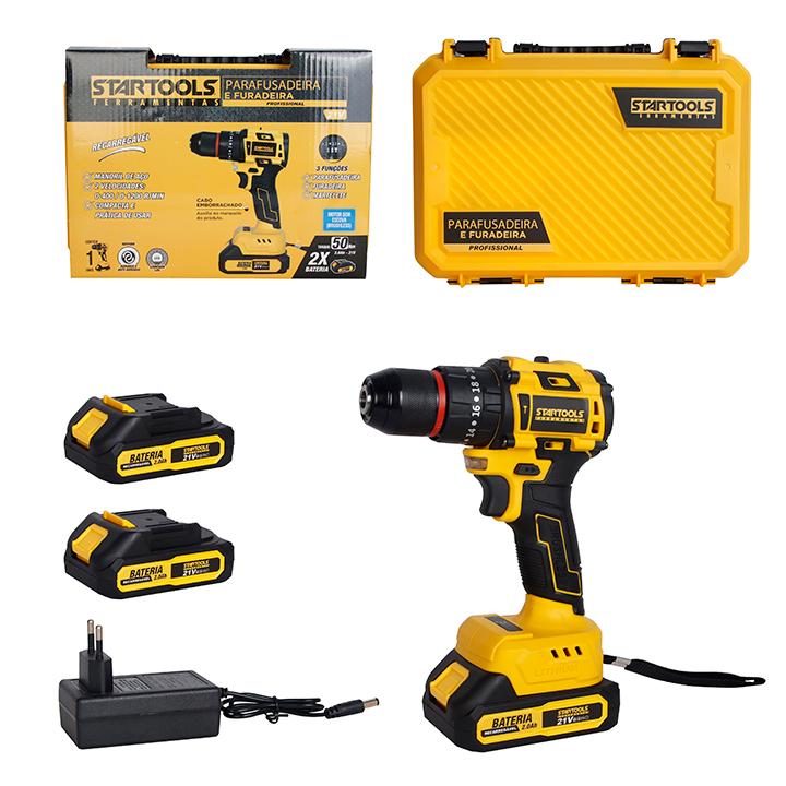 PARAFUSADEIRA E FURADEIRA PROFISSIONAL RECARREGAVEL 21V MANDRIL DE ACO BRUSHLESS STARTOOLS