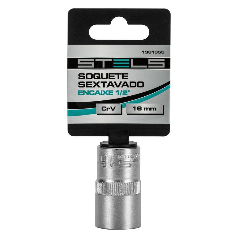 SOQUETE SEXTAVADO ENCAIXE 1/2POL., CROMO VANADIO, COM CLIPS PLASTICO, 16MM, 1PC // STELS