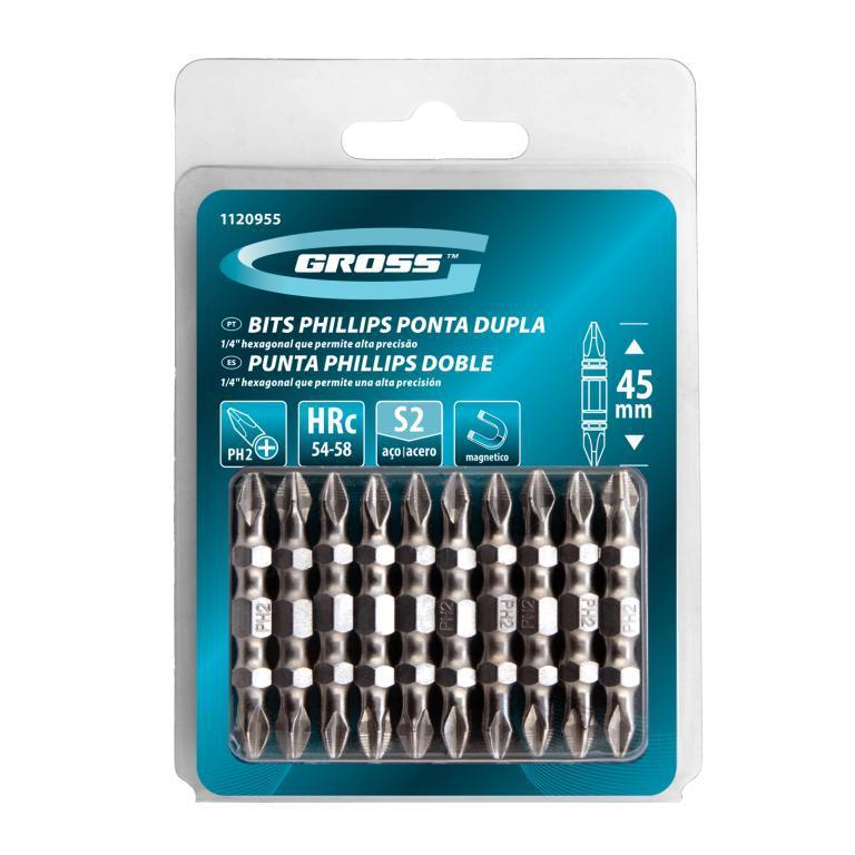 BITS PONTA DUPLA PH2-PH2X45MM, ACO CROMO MOLIBDENIO, 10PCS // GROSS