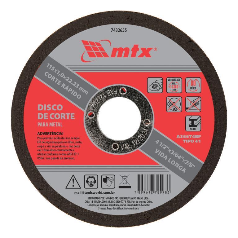 DISCO DE CORTE METAL 115 X 1 X 22,23MM MTX