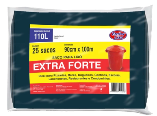 SACO PARA LIXO PRETO EXTRA FORTE BOCA LARGA 110L 90X100CM EMBALIXO