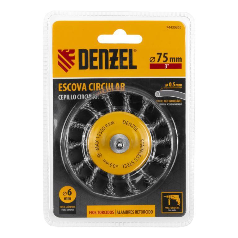 ESCOVA CIRCULAR 75 MM, COM HASTE DE 1/4 6 MM, FIOS TORCIDOS INOX DE 0,5 MM//DENZEL