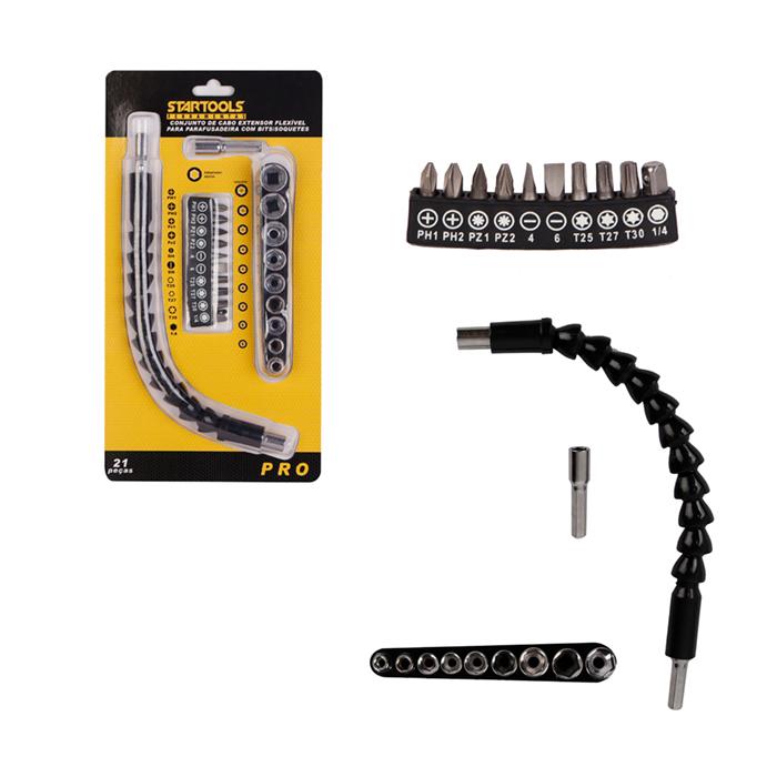 SR0434 - CONJUNTO DE CABO EXTENSOR FLEXIVEL P/PARAFUSADEIRA COM BITS/SOQUETES 21PCS CX48 - 2X24