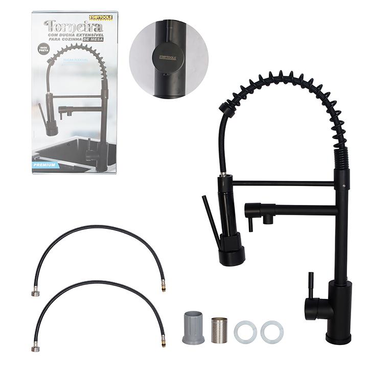 SR1408 - TORNEIRA INOX PRETA PREMIUM C/DUCHA EXTENSIVEL P/COZINHA DE MESA CX4