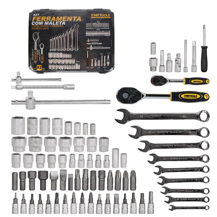 SR1197 - JODO CHAVE CATRACA E COMBINADA, C/SOQUETES E BITES 82PCS NA MALETA CX4