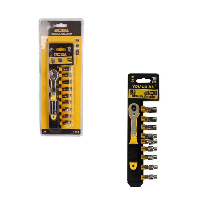 SR0436 - CONJUNTO DE CHAVE CATRACA C/SOQUETE/CANHAO E BITS 19PCS CX48 - 2X24
